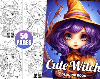 May include: A coloring book featuring a cute witch with purple hair and a yellow hat. The book cover has the text "Cute Witch Coloring Book" and "50 Pages".