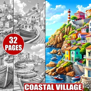 Puede incluir: Una ilustración colorida de un pueblo costero con un faro, casas y barcos. La imagen está dividida en cuatro secciones, con las secciones superior izquierda e inferior izquierda mostrando una versión en blanco y negro de la imagen. Las secciones superior derecha e inferior derecha muestran la versión a color completa de la imagen. La imagen incluye el texto "32 PAGES" y "COASTAL VILLAGE".
