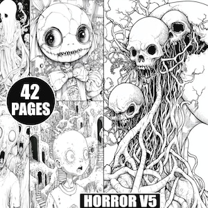42 Horror V5 Coloring Pages for Adults | Printable Grayscale Fantasy Sheets | Creepy and Scary Coloring Book, Halloween Digital Download