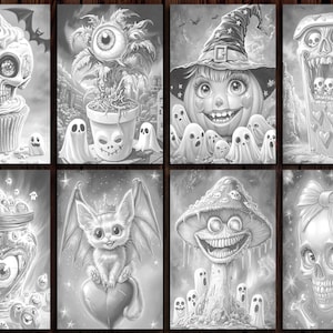 May include: A set of eight black and white illustrations featuring spooky Halloween characters. The illustrations include a cupcake with a skull, a plant with an eye, a witch with a pumpkin head, a trash can with a skull, a jar of eyeballs, a bat with a crown, a mushroom with a face, and a skull with a bow.