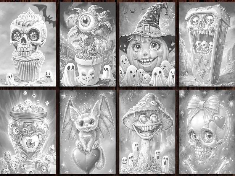 May include: A set of eight black and white illustrations featuring spooky Halloween characters. The illustrations include a cupcake with a skull, a plant with an eye, a witch with a pumpkin head, a trash can with a skull, a jar of eyeballs, a bat with a crown, a mushroom with a face, and a skull with a bow.