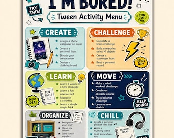 Tween Activity Menu Printable | I’m Bored Activities for Tweens, Screen Free Choice Board