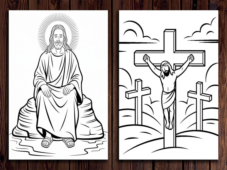 May include: Two black and white coloring pages featuring Jesus Christ. The first page shows Jesus sitting on a rock with his hands in his lap. The second page shows Jesus on the cross with two other crosses in the background.