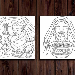 Op de afbeelding: Twee zwart-wit illustraties. De eerste toont een persoon in een tent met een teddybeer, een konijn, kaarsen en de tekst "FEEL IT ALL". De tweede toont een persoon die een kom vasthoudt met de tekst "Glow up from within".