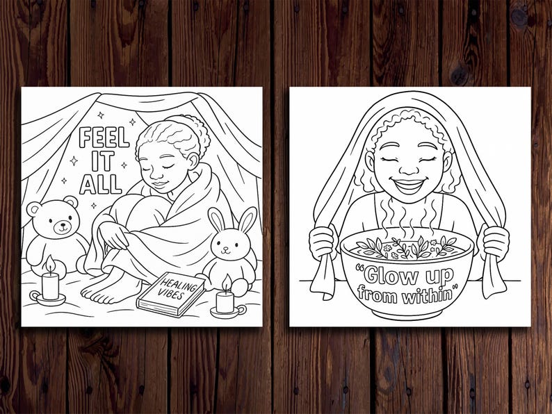 Op de afbeelding: Twee zwart-wit illustraties. De eerste toont een persoon in een tent met een teddybeer, een konijn, kaarsen en de tekst "FEEL IT ALL". De tweede toont een persoon die een kom vasthoudt met de tekst "Glow up from within".