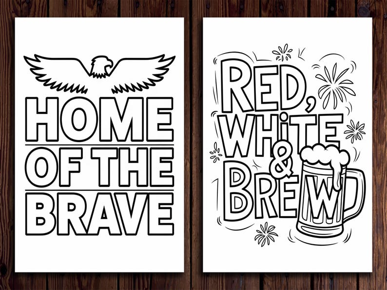 May include: Two black and white prints with patriotic themes. One features an eagle and the text "HOME OF THE BRAVE". The other says "RED, WHITE & BREW" with a beer mug and fireworks.