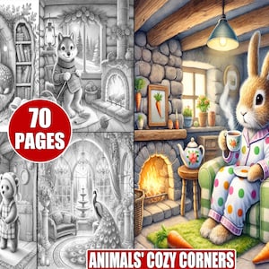 Op de afbeelding: Een kleurboek met 70 pagina's met dieren in knusse hoekjes. De omslag toont een konijn in pyjama dat in een stoel bij een open haard zit en een kopje thee vasthoudt. De tekst "ANIMALS' COZY CORNERS" staat onderaan de omslag.
