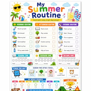 Peut inclure: Un tableau de routine estivale coloré avec des illustrations d'activités quotidiennes. Le tableau comprend des sections pour les routines du matin, de l'après-midi et du soir, ainsi que le temps de lecture, de plein air et d'aide. Le texte dit "My Summer Routine".