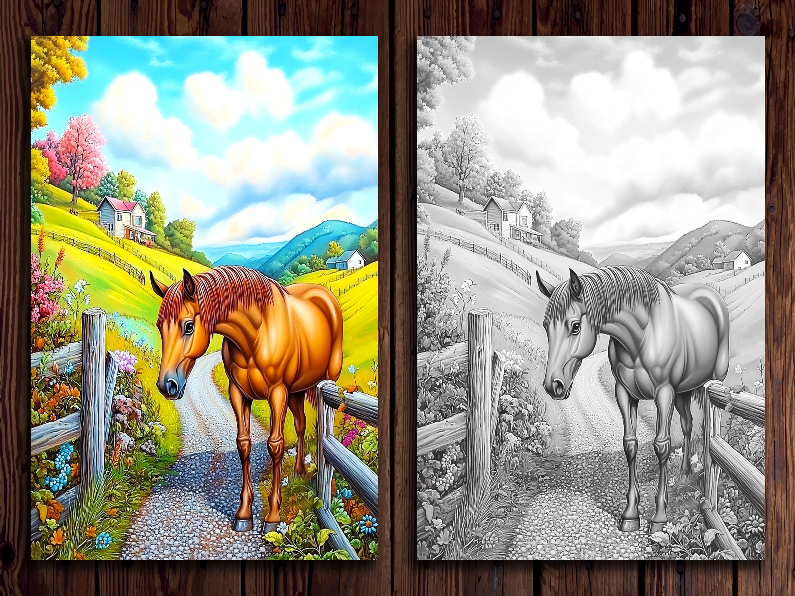 Rural Color Page Rural Town Coloring Pages: Grayscale Countryside Scenes (printable PDF ...