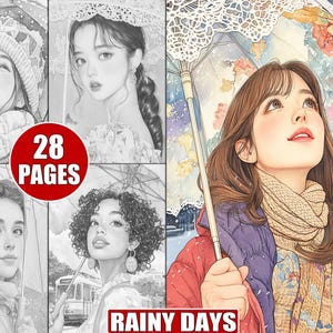 28 Printable Rainy Days Coloring Pages in Grayscale for Adults, Cozy Scenes of Girls Under the Rain with Umbrellas, Peaceful Rainy Day Art