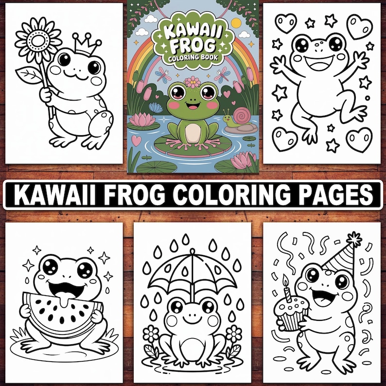 May include: A collection of black and white Kawaii Frog coloring pages. The pages feature adorable frog illustrations in various poses, including holding a flower, celebrating, and enjoying watermelon. The text "KAWAII FROG COLORING PAGES" is displayed.
