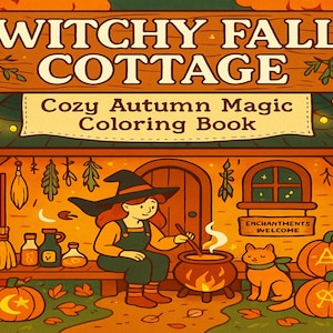 Kleurplaten Witchy Cottage: gezellige herfst, pompoenen, katten (pdf-download)