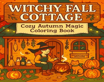 Witchy Cottage Coloring Pages: Cozy Autumn, Pumpkins, Cats (PDF Download)