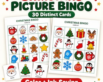 Christmas Picture Bingo Printable: 30 Cards, Calling Cards, Color & Ink-Saving Versions