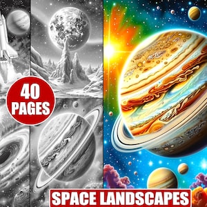May include: A coloring book with 40 pages of space landscapes. The cover features a colorful illustration of a planet with rings, a sun, and stars.