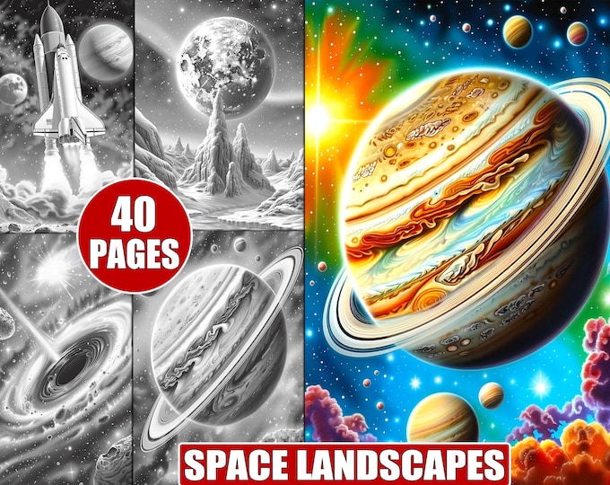 Space Landscapes Coloring Pages: 40 Grayscale Galaxy Scenes (Printable)
