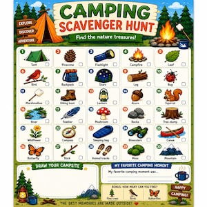 May include: A camping-themed scavenger hunt game featuring illustrations of outdoor items such as a tent, campfire, and binoculars. The game includes a checklist and prompts to draw a campsite and write about a favourite camping moment.
