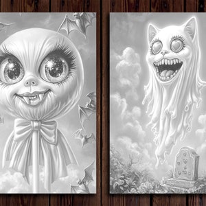 May include: A black and white illustration of a spooky lollipop with a smiling face and large eyes. The lollipop is surrounded by bats. The second image is a black and white illustration of a ghost with a cat face and large eyes. The ghost is floating above a tombstone with hearts.