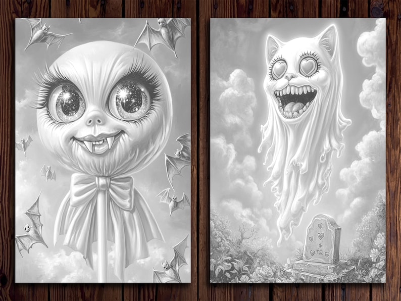 May include: A black and white illustration of a spooky lollipop with a smiling face and large eyes. The lollipop is surrounded by bats. The second image is a black and white illustration of a ghost with a cat face and large eyes. The ghost is floating above a tombstone with hearts.