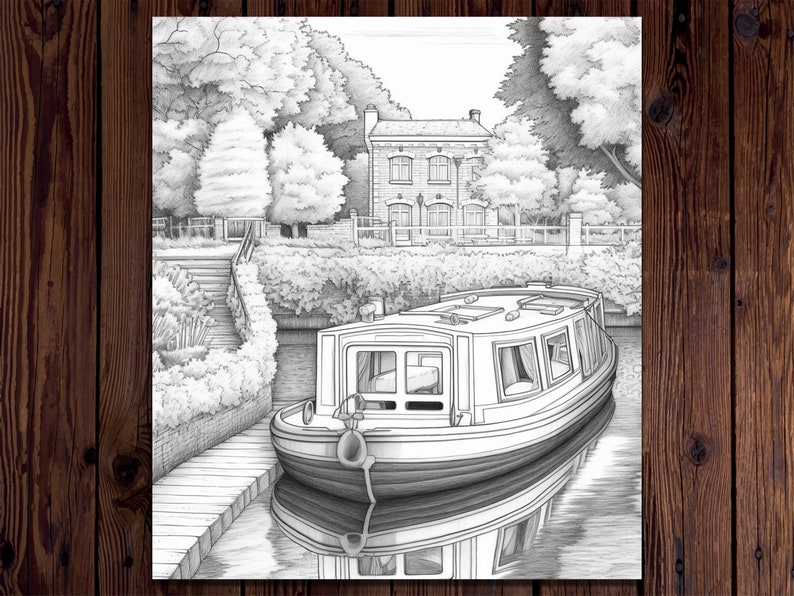 May include: A black and white pencil drawing of a narrow boat docked at a canal. The boat is in the foreground and a house is in the background. The house is a two-story building with a brick facade and a gabled roof. There are trees and bushes surrounding the canal.