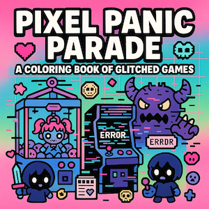 Könnte beinhalten: Ein Malbuchcover mit dem Titel "Pixel Panic Parade: A Coloring Book of Glitched Games". Die Illustration zeigt einen Greifautomaten, ein Arcade-Spiel und ein lila Monster, alles im Glitch-Art-Stil mit einem rosa Hintergrund und Spiele-Symbolen.