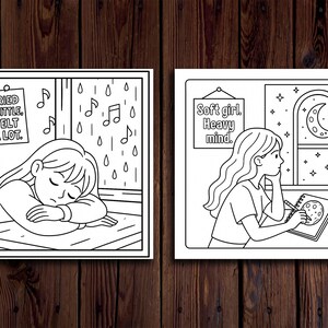 May include: Two black and white illustrations. One shows a person sleeping with the text "Cried a little, felt a lot." The other shows a person drawing with the text "Soft girl. Heavy mind."