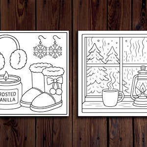 Puede incluir: Ilustraci&oacute;n en blanco y negro de elementos con tem&aacute;tica invernal. Incluye orejeras, pendientes de copo de nieve, una vela con la etiqueta "Frosted Vanilla", botas, una escena de ventana con &aacute;rboles, una taza y una linterna.