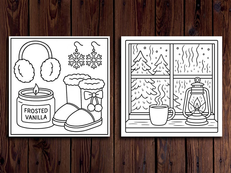 Puede incluir: Ilustraci&oacute;n en blanco y negro de elementos con tem&aacute;tica invernal. Incluye orejeras, pendientes de copo de nieve, una vela con la etiqueta "Frosted Vanilla", botas, una escena de ventana con &aacute;rboles, una taza y una linterna.