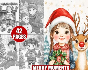 Festive Christmas Girls Coloring Pages: Merry Moments Grayscale Art (Printable Download)