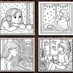 May include: Four-panel black and white illustration set. Each panel depicts a person in a different scene: listening to music by a rainy window, gazing at stars with a cat, looking out at a city, and writing in a notebook with birds.