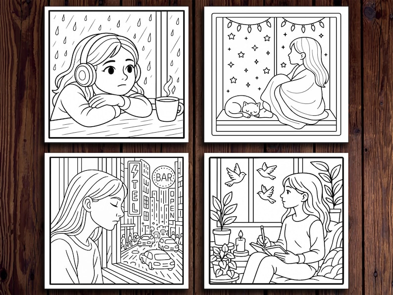 May include: Four-panel black and white illustration set. Each panel depicts a person in a different scene: listening to music by a rainy window, gazing at stars with a cat, looking out at a city, and writing in a notebook with birds.