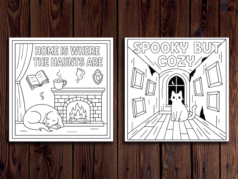 K&ouml;nnte beinhalten: Zwei Schwarz-Wei&szlig;-Illustrationen auf Holzgrund. Eine zeigt "HOME IS WHERE THE HAUNTS ARE" mit einem Hund, Kamin und anderen Elementen. Die andere zeigt "SPOOKY BUT COZY" mit einer Katze und gerahmten Bildern.