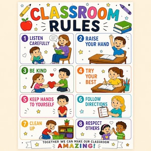 Könnte beinhalten: Ein buntes Lernposter mit dem Titel CLASSROOM RULES, das acht nummerierte Abschnitte mit Illustrationen von Kindern zeigt, die positives Verhalten wie Zuhören, Handheben, Freundlichkeit und Aufräumen demonstrieren, mit dem Text TOGETHER WE CAN MAKE OUR CLASSROOM AMAZING!