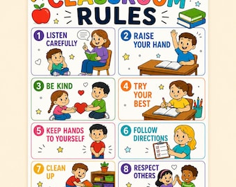 Puede incluir: Un póster educativo colorido titulado CLASSROOM RULES que presenta ocho secciones numeradas con ilustraciones de niños demostrando comportamientos positivos como escuchar, levantar la mano, ser amable y limpiar, terminando con TOGETHER WE CAN MAKE OUR CLASSROOM AMAZING!