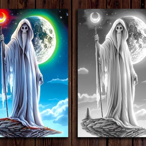 May include: A skeletal figure in a white robe stands on a rocky outcropping, holding a staff. The figure is silhouetted against a full moon with a green halo. A crescent moon with a red halo is in the upper left corner of the image.