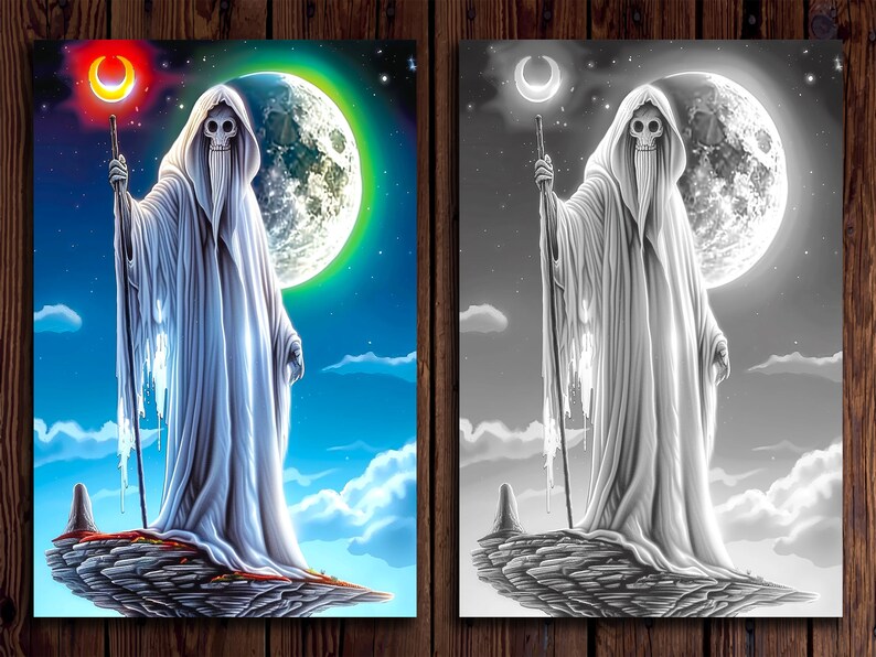 May include: A skeletal figure in a white robe stands on a rocky outcropping, holding a staff. The figure is silhouetted against a full moon with a green halo. A crescent moon with a red halo is in the upper left corner of the image.