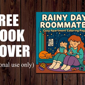 May include: A book cover with the text "FREE BOOK COVER" in large white letters. The cover art features two people reading and drinking tea in a cozy apartment, with the words "RAINY DAY ROOMMATES" and "Cozy Apartment Coloring Pages".