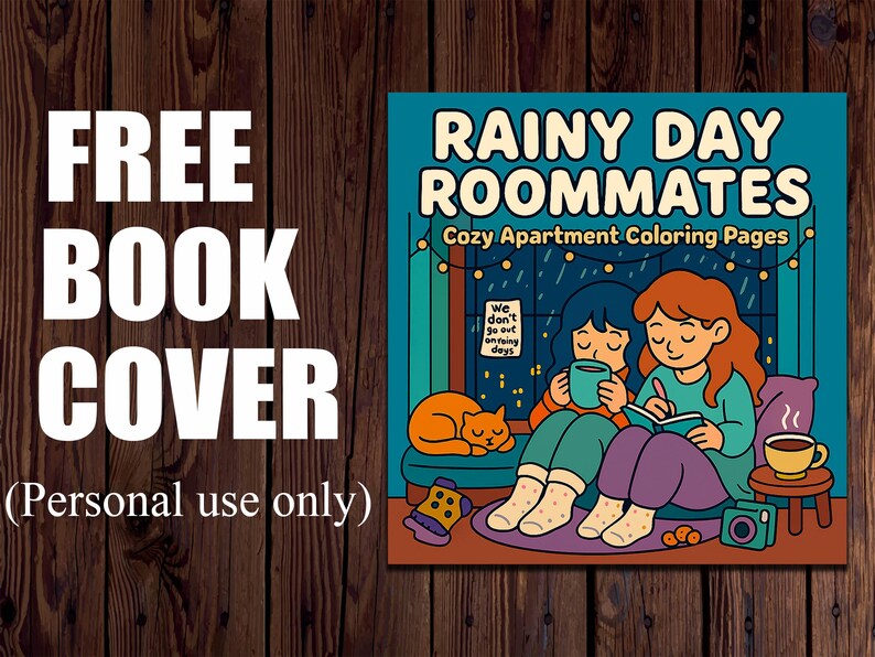 May include: A book cover with the text "FREE BOOK COVER" in large white letters. The cover art features two people reading and drinking tea in a cozy apartment, with the words "RAINY DAY ROOMMATES" and "Cozy Apartment Coloring Pages".