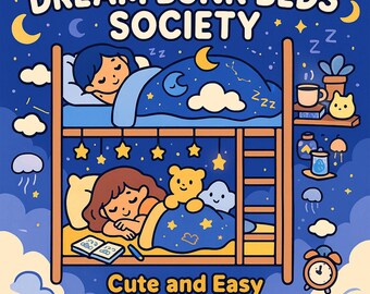 May include: Illustration of a bunk bed with two people sleeping under starry blankets. The image has the text "DREAM BUNK BEDS SOCIETY" and "Cute and Easy Coloring Book". The background is a dark blue with clouds, stars, and moons.