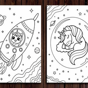May include: Two black and white coloring pages featuring unicorns. One shows a unicorn in a rocket ship, the other a sleeping unicorn inside a bubble. Both pages have stars and planets.
