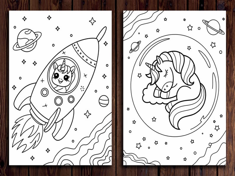 May include: Two black and white coloring pages featuring unicorns. One shows a unicorn in a rocket ship, the other a sleeping unicorn inside a bubble. Both pages have stars and planets.