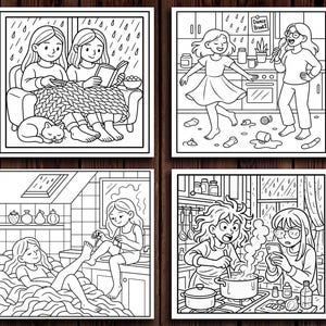 May include: Four-panel black and white illustration depicting cozy indoor scenes. One shows two people reading and relaxing, another shows dancing in a kitchen, a third shows a person getting a pedicure, and the last shows cooking and using a phone.