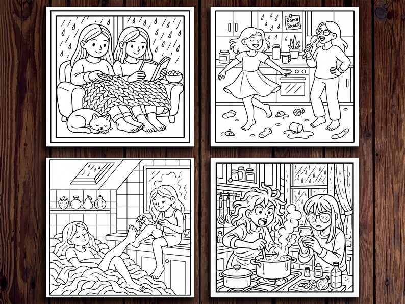 May include: Four-panel black and white illustration depicting cozy indoor scenes. One shows two people reading and relaxing, another shows dancing in a kitchen, a third shows a person getting a pedicure, and the last shows cooking and using a phone.