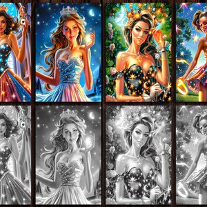 May include: A digital collage of eight images featuring four different women with starry crowns and dresses. The women are depicted in both color and black and white, with each image showcasing a unique pose and background.
