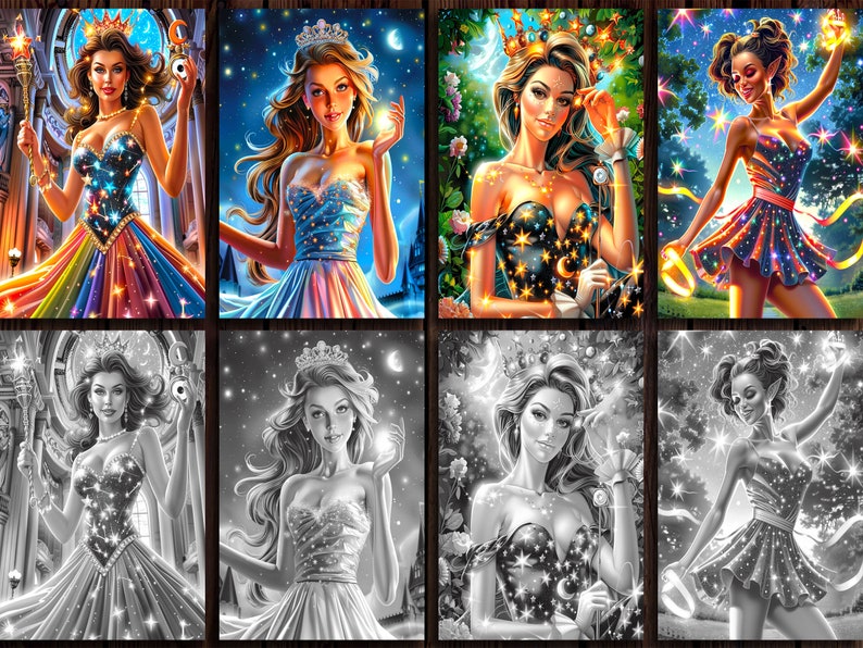 May include: A digital collage of eight images featuring four different women with starry crowns and dresses. The women are depicted in both color and black and white, with each image showcasing a unique pose and background.
