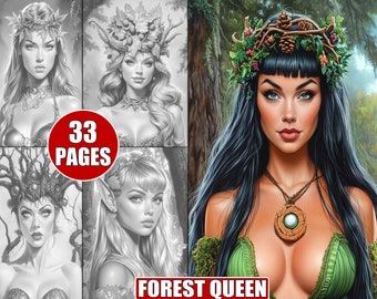 Forest Queen Coloring Pages: Mystical Fantasy Art for Adults (Printable Grayscale Illustrations)