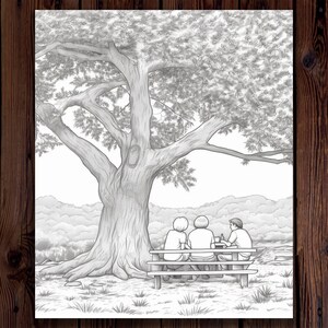 May include: A black and white drawing of three people sitting on a bench under a large tree. The people are facing away from the viewer and are sitting on a wooden bench. The tree has a thick trunk and many branches.