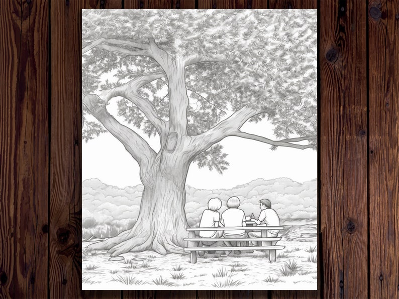 May include: A black and white drawing of three people sitting on a bench under a large tree. The people are facing away from the viewer and are sitting on a wooden bench. The tree has a thick trunk and many branches.