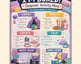 Sleepover Activity Menu Printable | I’m Bored Sleepover Games, Girls Night Choice Board Sheet