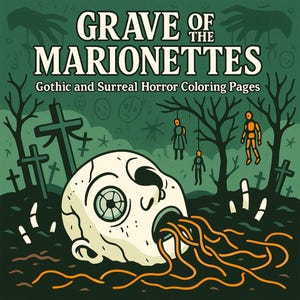 May include: A spooky illustration for "Grave of the Marionettes" coloring pages. The image features a skull with a large eye, emitting orange strands. The background includes a graveyard scene with hanging figures and the text "Grave of the Marionettes".